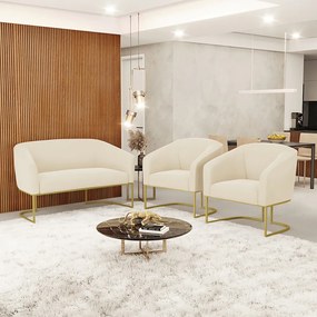 Namoradeira e 2 Poltronas Industrial Dourado Stella Veludo D03 - D'Rossi - Bege
