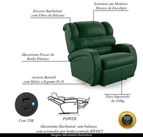 Poltrona do Papai Sala de Cinema Reclinável Kylie Power Touch USB PU Verde Musgo G23