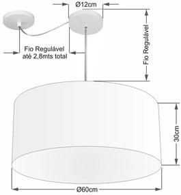 Lustre Pendente Cilíndrico Com Desvio De Centro Md-4167 Cúpula em Tecido 60x30cm Branco - Bivolt