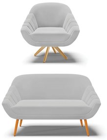 Kit 01 Namoradeira 02 Lugares e 01 Poltrona Giratória Giovana Suede Base Madeira MA30 - D'Rossi - Cinza
