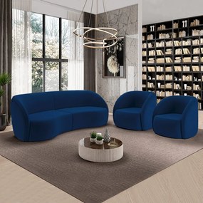 Conjunto Sofá Sala de Estar Bipartido 288cm e 2 Poltronas Clarke Veludo Azul G45 - Gran Belo