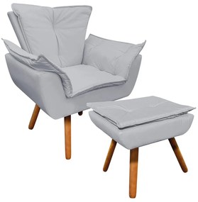 Poltrona e Puff Decorativo Pé Palito de Madeira Opala Corino - Cinza