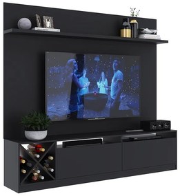 Painel Home Suspenso Sala Tv 2 Portas 5 Prateleiras Preto