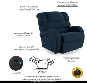 Poltrona do Papai Sala de Cinema Reclinável Kylie Power Touch USB Veludo Azul G23