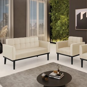 Conjunto Poltrona e Namoradeira Decorativa Karen Pés Fixo em Madeira Preto PU Bege G19 - Gran Belo