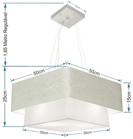 Lustre Pendente Duplo Quadrado Vivare Md-4066 Cúpula em Tecido 50x35cm Rustico Cinza / Branco - Bivolt