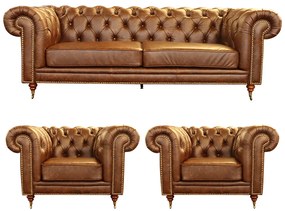 Conjunto Sofá e 2 Poltronas Chesterfield Duo Couro Tabaco G40 - Gran Belo