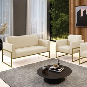 Sofá Namoradeira com Poltrona Base Industrial Alta Dourado Marisa Linho D03 - D?Rossi - A19 Bege
