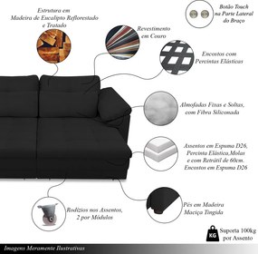 Sofá Retrátil Elétrico Sala de Estar Nolan Bipartido 215cm Conforto Premium em Couro Preto G58 - Gran Belo