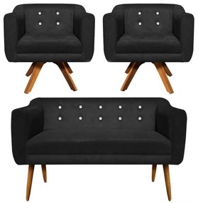 Kit 01 Namoradeira 02 Lugares e 02 Poltronas Giratória Julia Suede Preto com Strass Base Madeira MM30 D'Rossi