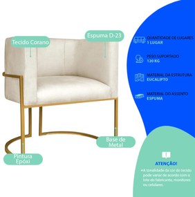 Poltrona Dália Luxo Moderna Estofada Design Sofisticado com Base de Ferro Dourado Corano