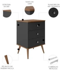 Mesa Cabeceira 35cm 3 Gavetas Pés Palito Thames Preto/Freijó E05 - Mpo