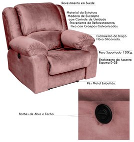 Poltrona do Papai Reclinável Elétrica Magnum Veludo Rosê G23 - Gran Belo