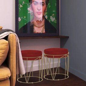 Kit 2 Puffs Decorativo Sala de Estar Base Gold Chloe Veludo Vermelho G41 - Gran Belo