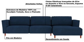 Sofá 290cm com Chaise Direita Franz Suede Azul - Gran Belo