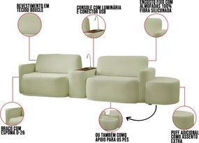 Sofá Sala Modulado 319cm com Puff Console USB Luminária Brumma Bouclê K01 - D'Rossi - Verde