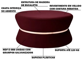 Puff Decorativo Sala de Estar 95cm Dhaka Veludo Vinho G15 - Gran Belo