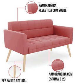 Kit 1 Sofá Namoradeira e 2 Poltronas Elisa Suede Pés Palito Natural D03 - D'Rossi - Rose
