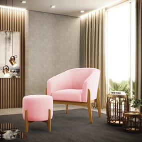 Poltrona com Puff Base de Madeira Stella Suede Rosa Bebê D03 - D'Rossi