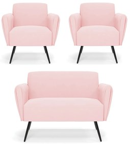 Sofá Namoradeira com 2 Poltronas Pés Palito de Ferro Bruna Suede - D'Rossi - Rosa Bebê