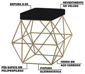 Puff Decorativo Sala de Estar Base Gold Trixie Veludo Preto G41 - Gran Belo