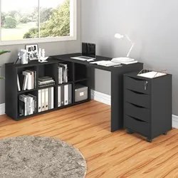 Mesa Escrivaninha em L Eron e Gaveteiro com Rodízios Mity A06 Preto -