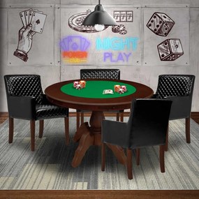 Mesa de Jogos Carteado Redonda Montreal Tampo Reversível Imbuia com 4 Cadeiras Liverpool PU Sintético Preto Matelassê G36 G15 - Gran Belo