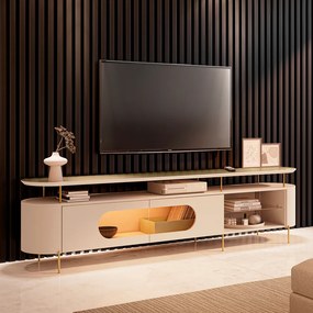 Rack Bancada Ária com Led e Prateleira Vidro TV Até 85 Polegadas Off White/Champanhe G26 - HB Móveis