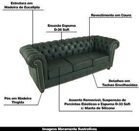 Sofá 3 Lugares Sala de Estar 235cm Chesterfield Pés Madeira Couro Verde G40 - Gran Belo