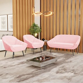 Kit 01 Namoradeira 02 Lugares e 02 Poltronas Giovana Suede Pés Palito De Ferro - D'Rossi - Rosa Bebê