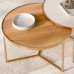 Mesa de Centro Redonda Baixa Pé Metal Thor Cinamomo/Dourado E05 - Mpoz