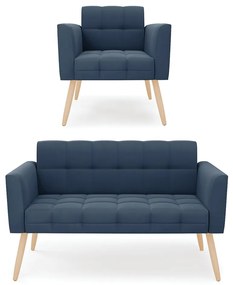 Kit 1 Sofá Namoradeira e 1 Poltrona Elisa Suede Azul Marinho Pés Palito Natural - D'Rossi