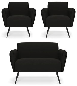 Sofá Namoradeira com 2 Poltronas Pés Palito de Ferro Bruna Suede - D'Rossi - Preto