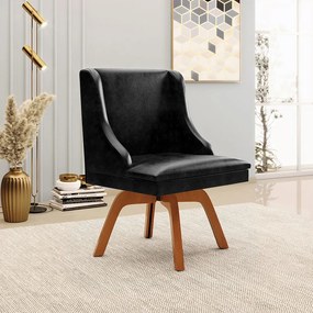 Poltrona Decorativa Base Giratória de Madeira Firenze PU Preto Brilho/Natural G19 - Gran Belo