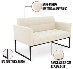 Kit 1 Sofá Namoradeira e 1 Poltrona Elisa Veludo Bege Base Metálica Industrial Preto D03 - D'Rossi