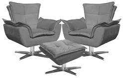 Kit 2 Poltronas Decorativas Base Giratória Cromada com Puff Opla Suede