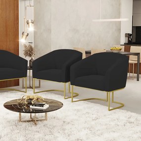 Cadeira Sala de Jantar Base Industrial Dourado Kit 2 Stella Veludo D03 - D'Rossi - Preto