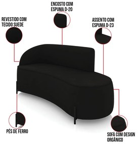 Sofá 3 Lugares Orgânico 180cm Pé Ferro Preto Morgan Suede D03 - D'Rossi - Preto
