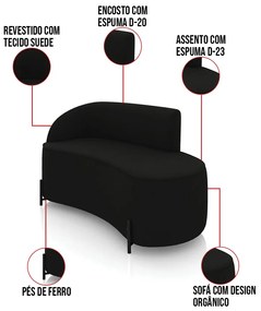 Sofá 2 Lugares Orgânico 140cm Pé Ferro Preto Morgan Suede D03 - D'Rossi - Preto