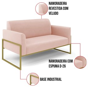 Sofá Namoradeira com 2 Poltronas Base Industrial Alta Dourado Marisa Veludo - Rose