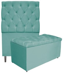 Kit Cabeceira e Calçadeira Liverpool 90 cm Solteiro Suede Azul Tiffany - ADJ Decor