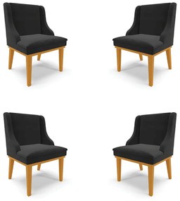 Kit 4 Cadeiras Decorativas Sala de Jantar Base Fixa de Madeira Firenze Veludo Preto/Castanho G19 - Gran Belo