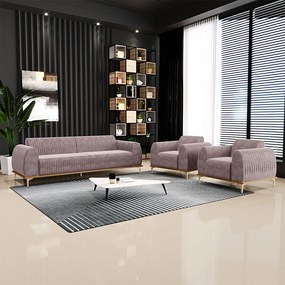 Conjunto Sofá 3 Lugares e Poltrona Base de Madeira Euro 210 cm Veludo Rosê G15 - Gran Belo