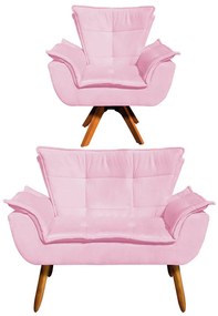 Sofá Namoradeira e Poltrona Giratória MM30 Opala Suede D03 - D'Rossi - Rosa Bebê