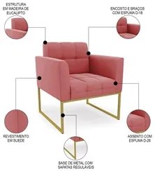 Sofá Namoradeira e 1 Poltrona Base Industrial Dourado Ana Suede Rosê -
