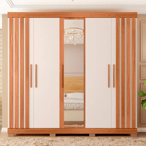 Guarda Roupa Alana Casal com 5 Portas de bater com Espelho 2 Gavetas MDP Freijo/OffWhite G11- Gran Belo