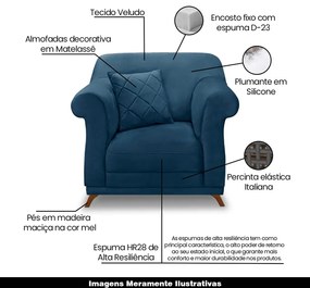 Poltrona Decorativa com 1 Almofada Armstrong Veludo Azul Marinho G63 - Gran Belo
