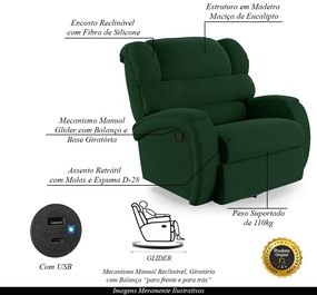 Poltrona do Papai Sala de Cinema Reclinável Kylie Glider Manual Giratória USB Veludo Verde Esmeralda G23