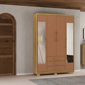 Guarda Roupa Solteiro Linna 150cm 4 Portas de Bater 2 com Espelhos 3 Gavetas Nature/Terracota G98 - Gran Belo