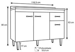 Balcão Gabinete Para Pia Sem Tampo 120cm 3 Portas e 1 Gaveta Flex Gabr